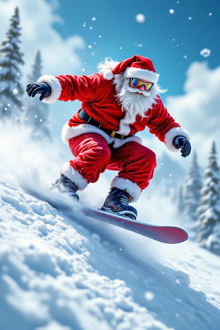 Santa on a snowboard,  performing trick. His red suit billows in the wind as he conquers the gnarliest runs.,  vector ucm...