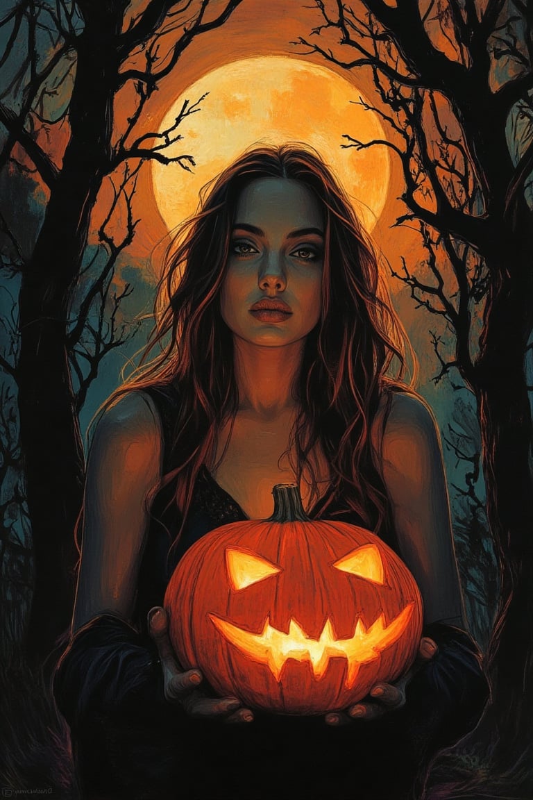 A spooky art drawing of a woman standing in a dimly lit, eerie forest. She holds a glowing pumpkin in her hands, casting an ominous light on her face. Her expression is one of mystery and intrigue, with a slight smile. The background features twisted trees and a full moon, creating a haunting atmosphere. The composition is centered, with the woman in the foreground and the forest in the background, emphasizing the spooky mood.,90saj,angelina jolie