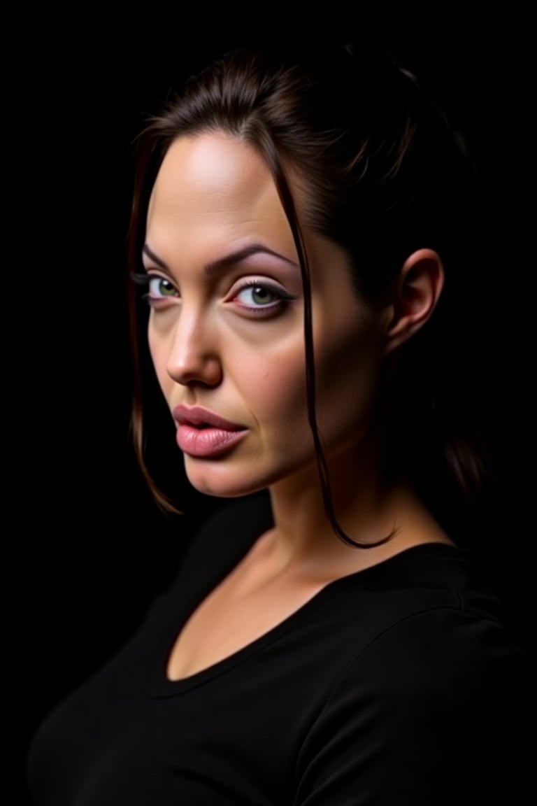 Angelina Jolie, symmetrical female portrait, beautiful makeup, full tattooed, black background, side soft light, highly detailed, melancholic, masterpiece Photography in the style of Oleg Dou, soft light hyper clean photography, (((Oleg Dou photography style)))