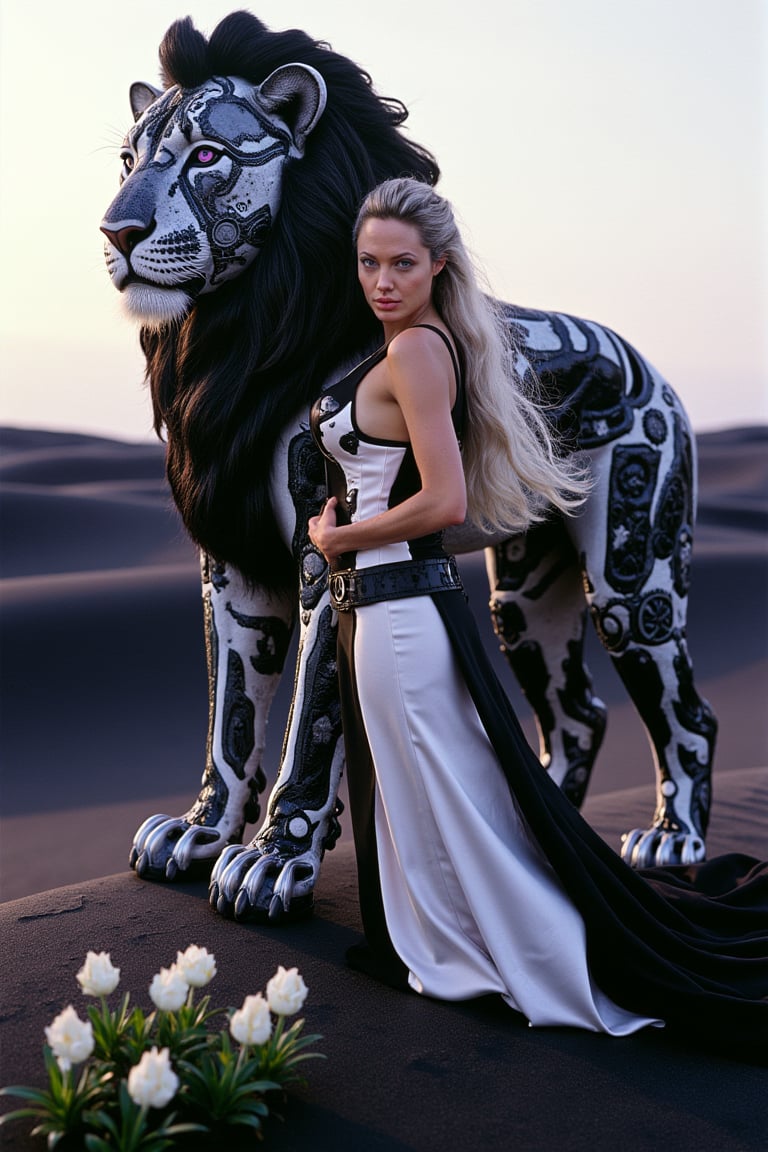 A beautiful woman with flowing silver hair and piercing violet eyes stands gracefully beside her companion, a majestic lion crafted from a mesmerizing interplay of black and white clockwork. The lion, a marvel of contrasting mechanical artistry, stands tall and proud, its mane a cascade of alternating black and white gears and intricate cogs, its body radiating a soft, ethereal glow. The woman, radiating grace and elegance, wears a flowing gown of swirling black and white that blends seamlessly with the ethereal landscape. The scene is set against a backdrop of a timeless realm where magic and technology intertwine, bathed in the soft glow of a twilight where black and white blend seamlessly. Rolling hills of black sand stretch out towards a horizon veiled in a soft, white mist. Black and white flowers bloom at their feet, their petals shimmering with a gentle luminescence. This image captures the ethereal beauty and harmonious unity of contrasting forces, a testament to the enduring power of companionship and the enchanting mystery of their shared guardianship over a realm of balance and duality.,l4r4cr0ft,AngelinaJolieFlux