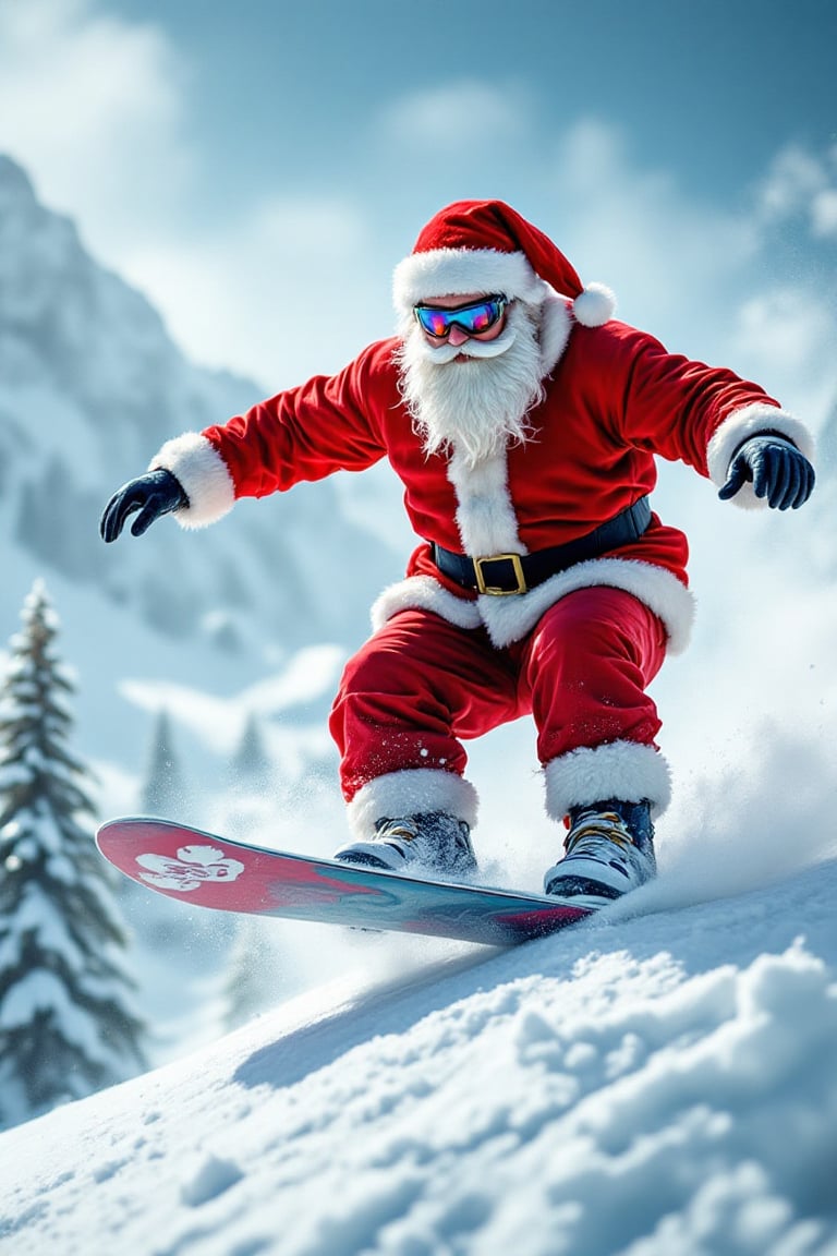 Santa on a snowboard,  performing trick. His red suit billows in the wind as he conquers the gnarliest runs.,  vector ucm...