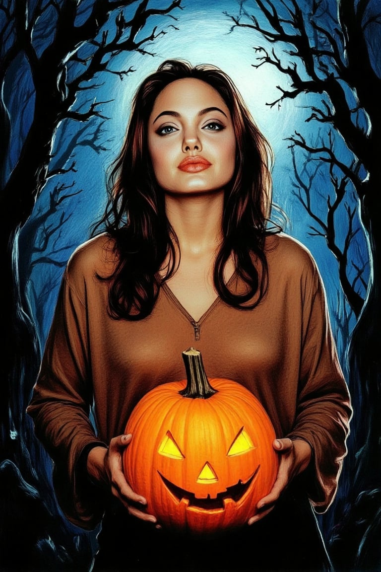 A spooky art drawing of a woman standing in a dimly lit, eerie forest. She holds a glowing pumpkin in her hands, casting an ominous light on her face. Her expression is one of mystery and intrigue, with a slight smile. The background features twisted trees and a full moon, creating a haunting atmosphere. The composition is centered, with the woman in the foreground and the forest in the background, emphasizing the spooky mood.,90saj,angelina jolie