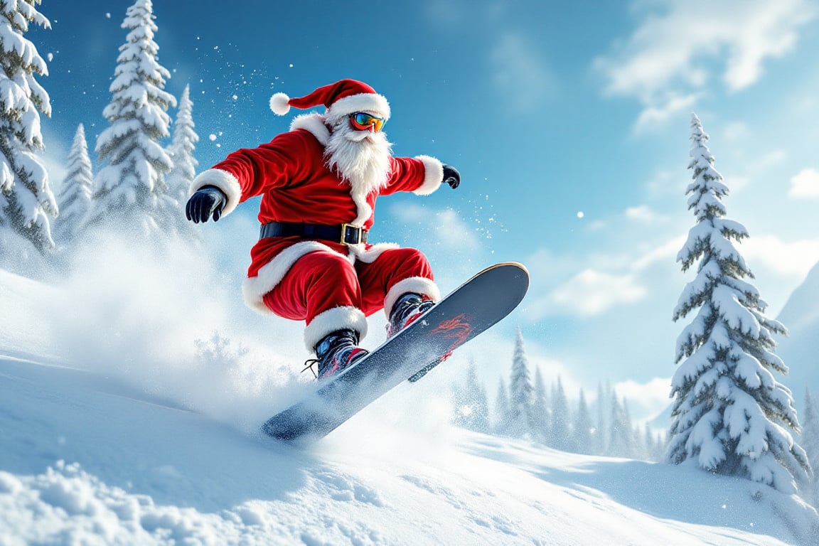 Santa on a snowboard,  performing trick. His red suit billows in the wind as he conquers the gnarliest runs.,  vector ucm...