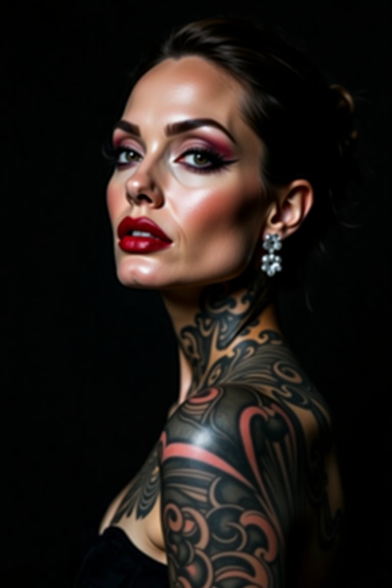 Angelina Jolie, symmetrical female portrait, beautiful makeup, full tattooed, black background, side soft light, highly detailed, melancholic, masterpiece Photography in the style of Oleg Dou, soft light hyper clean photography, (((Oleg Dou photography style)))