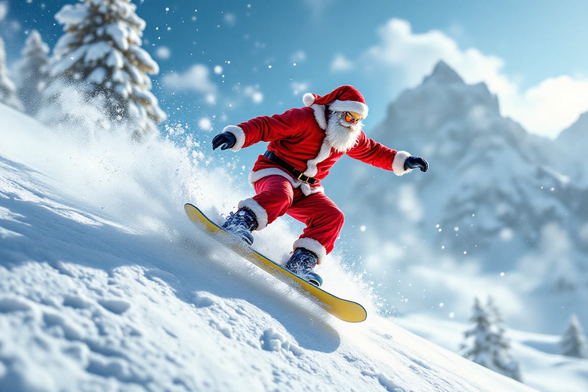 Santa on a snowboard,  performing trick. His red suit billows in the wind as he conquers the gnarliest runs.,  vector ucm...