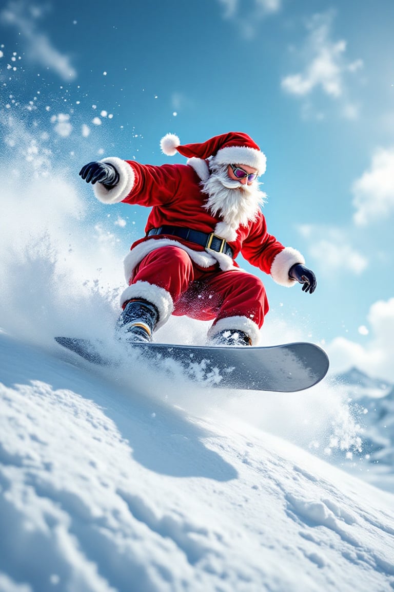 Santa on a snowboard,  performing trick. His red suit billows in the wind as he conquers the gnarliest runs.,  vector ucm...