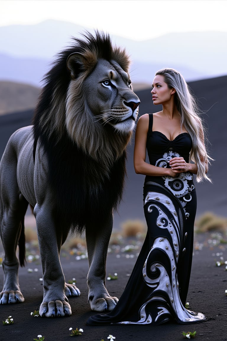 A beautiful woman with flowing silver hair and piercing violet eyes stands gracefully beside her companion, a majestic lion crafted from a mesmerizing interplay of black and white clockwork. The lion, a marvel of contrasting mechanical artistry, stands tall and proud, its mane a cascade of alternating black and white gears and intricate cogs, its body radiating a soft, ethereal glow. The woman, radiating grace and elegance, wears a flowing gown of swirling black and white that blends seamlessly with the ethereal landscape. The scene is set against a backdrop of a timeless realm where magic and technology intertwine, bathed in the soft glow of a twilight where black and white blend seamlessly. Rolling hills of black sand stretch out towards a horizon veiled in a soft, white mist. Black and white flowers bloom at their feet, their petals shimmering with a gentle luminescence. This image captures the ethereal beauty and harmonious unity of contrasting forces, a testament to the enduring power of companionship and the enchanting mystery of their shared guardianship over a realm of balance and duality.,l4r4cr0ft,AngelinaJolieFlux