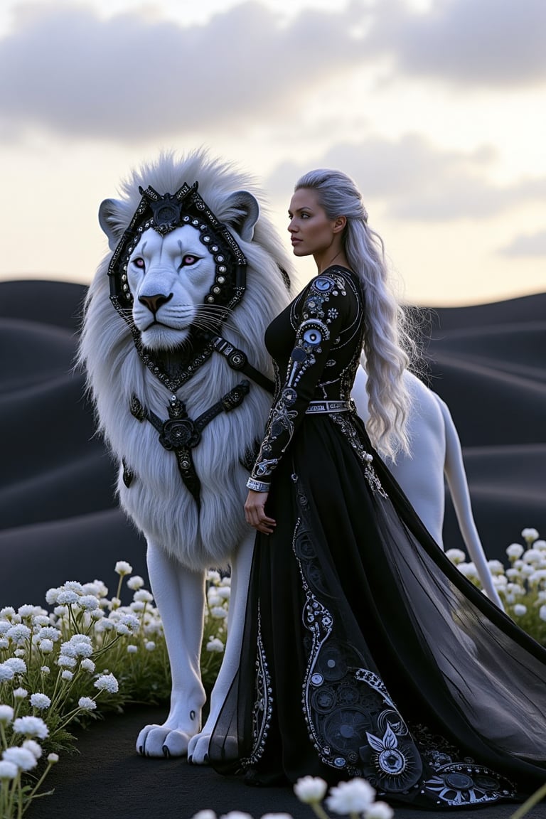 A beautiful woman with flowing silver hair and piercing violet eyes stands gracefully beside her companion, a majestic lion crafted from a mesmerizing interplay of black and white clockwork. The lion, a marvel of contrasting mechanical artistry, stands tall and proud, its mane a cascade of alternating black and white gears and intricate cogs, its body radiating a soft, ethereal glow. The woman, radiating grace and elegance, wears a flowing gown of swirling black and white that blends seamlessly with the ethereal landscape. The scene is set against a backdrop of a timeless realm where magic and technology intertwine, bathed in the soft glow of a twilight where black and white blend seamlessly. Rolling hills of black sand stretch out towards a horizon veiled in a soft, white mist. Black and white flowers bloom at their feet, their petals shimmering with a gentle luminescence. This image captures the ethereal beauty and harmonious unity of contrasting forces, a testament to the enduring power of companionship and the enchanting mystery of their shared guardianship over a realm of balance and duality.,l4r4cr0ft