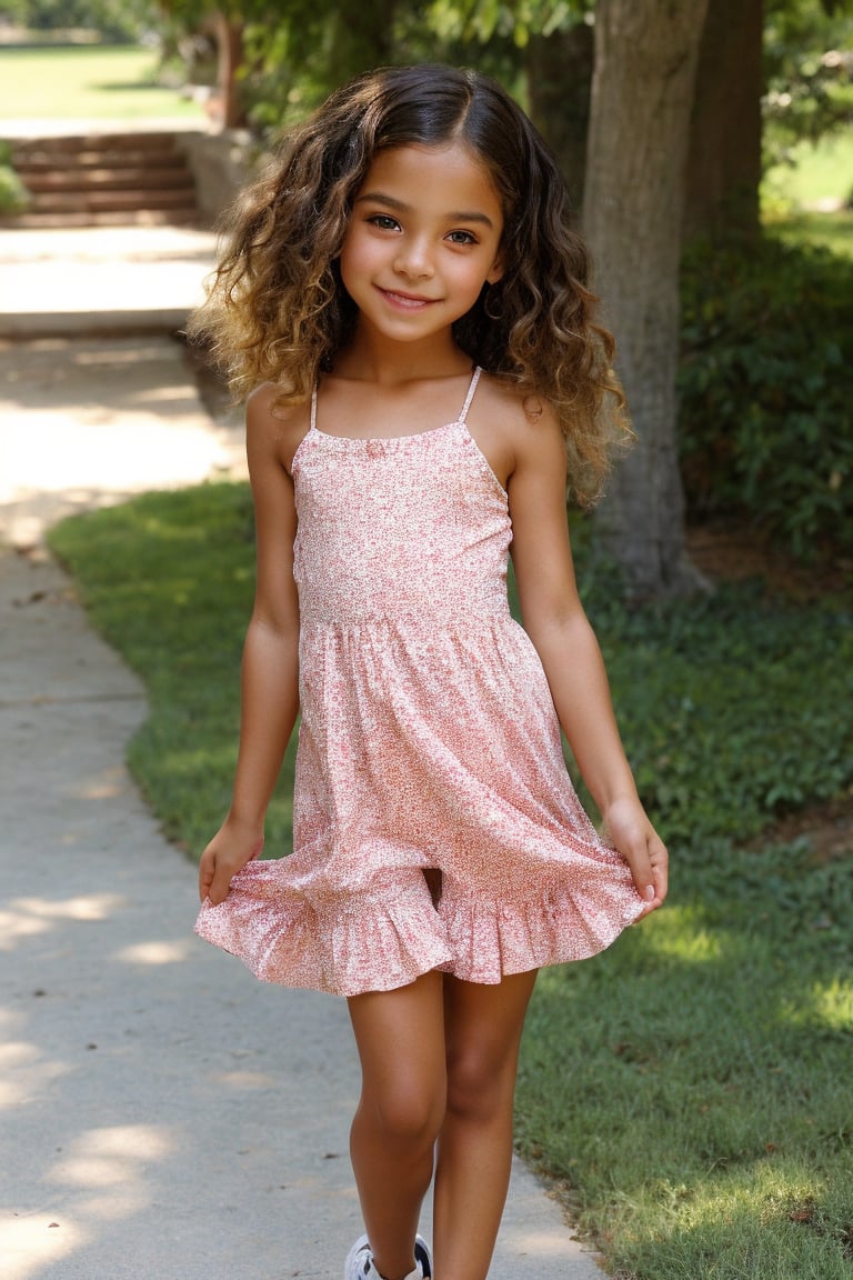 A warm, sun-kissed afternoon. A 12-year-old girl with a radiant complexion and toned physique is captured in a playful pose, wearing a bright red sundress that drapes loosely around her knees, paired with a pair of worn-out sneakers. Her long, curly hair cascades down her back as she gazes directly into the camera, exuding confidence and innocence.