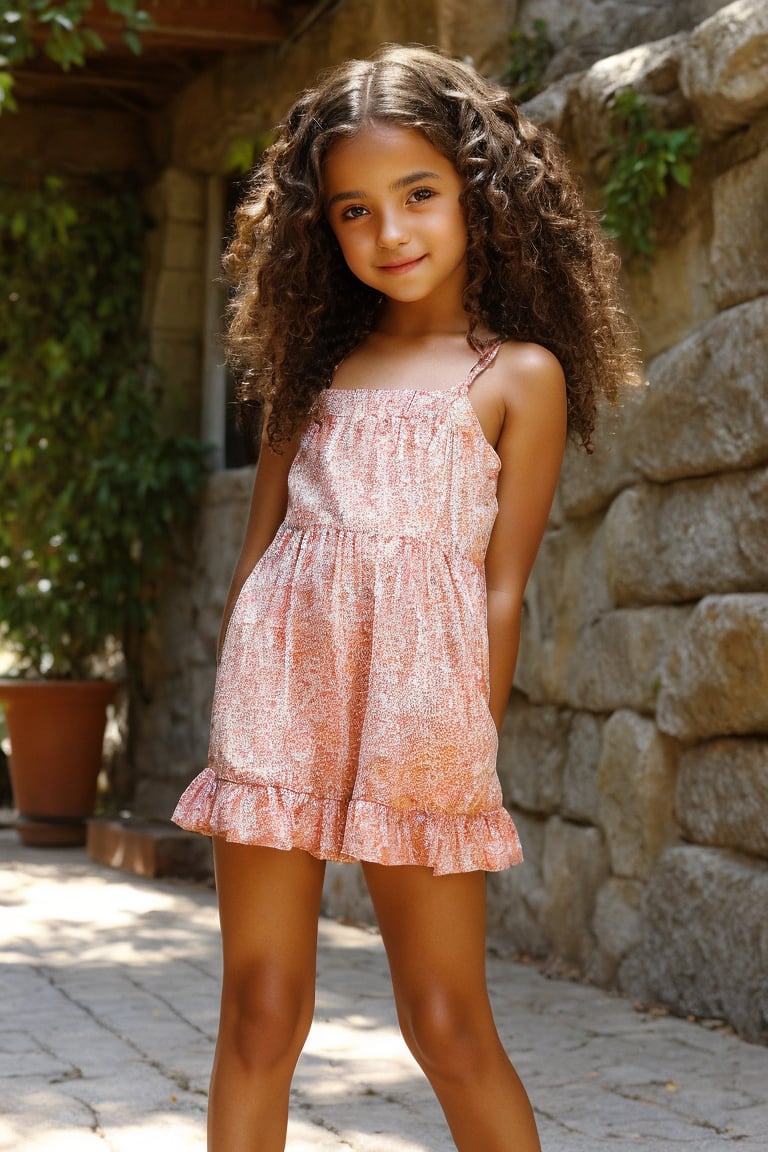 A warm, sun-kissed afternoon. A 12-year-old girl with a radiant complexion and toned physique is captured in a playful pose, wearing a bright red sundress that drapes loosely around her knees, paired with a pair of worn-out sneakers. Her long, curly hair cascades down her back as she gazes directly into the camera, exuding confidence and innocence.