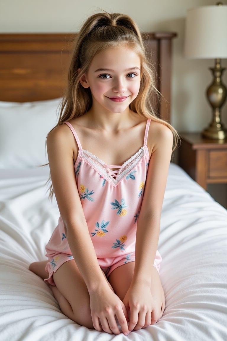 very young girl,  tween sits contentedly on a white bedsheeted bed. She wears a sleeveless mini pink tight satin nighty th...