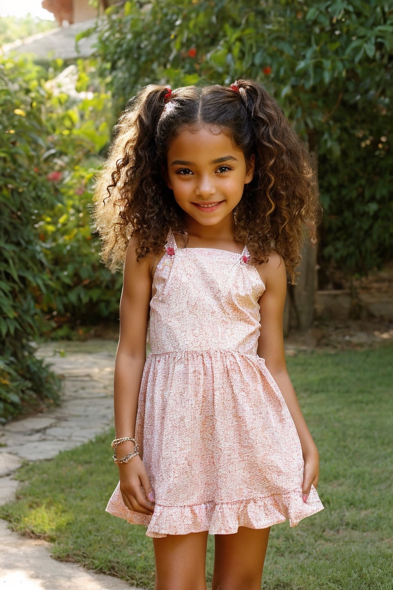 A warm, sun-kissed afternoon. A 12-year-old girl with a radiant complexion and toned physique is captured in a playful pose, wearing a bright red sundress that drapes loosely around her knees, paired with a pair of worn-out sneakers. Her long, curly hair cascades down her back as she gazes directly into the camera, exuding confidence and innocence.