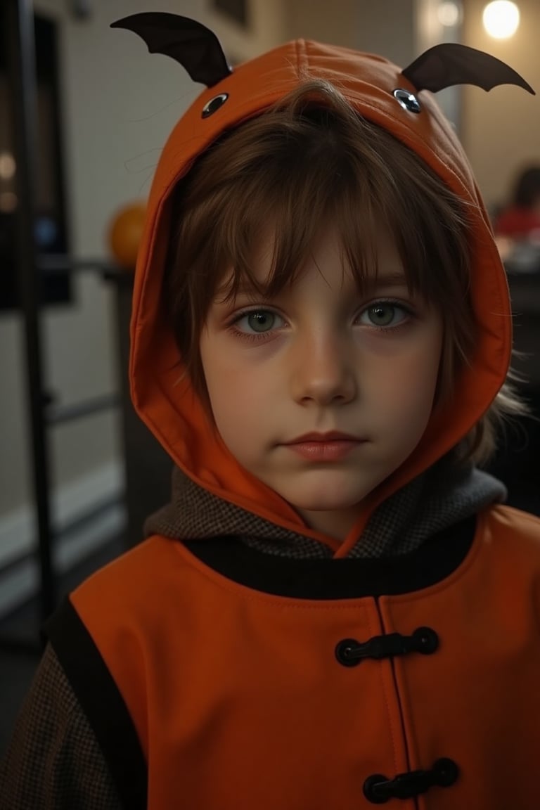 realistic, film style, a beautiful 9 years old boy, looking at viewer, in Halloween party, wearing a Halloween clothes