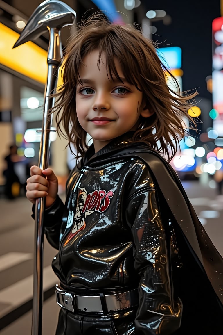 Close-up shot of a stunning 9 years old boy dressed in a sleek, looking at viewer, little smile, high-tech jumpsuit, with metallic accents and flowing cape-like details. His hair flows freely as he holds a gleaming scythe at an angle, its curved blade reflecting the bright city lights behind his. The composition is dynamic, with bold lines framing her profile. Soft, warm lighting illuminates his features, emphasizing her confident pose.