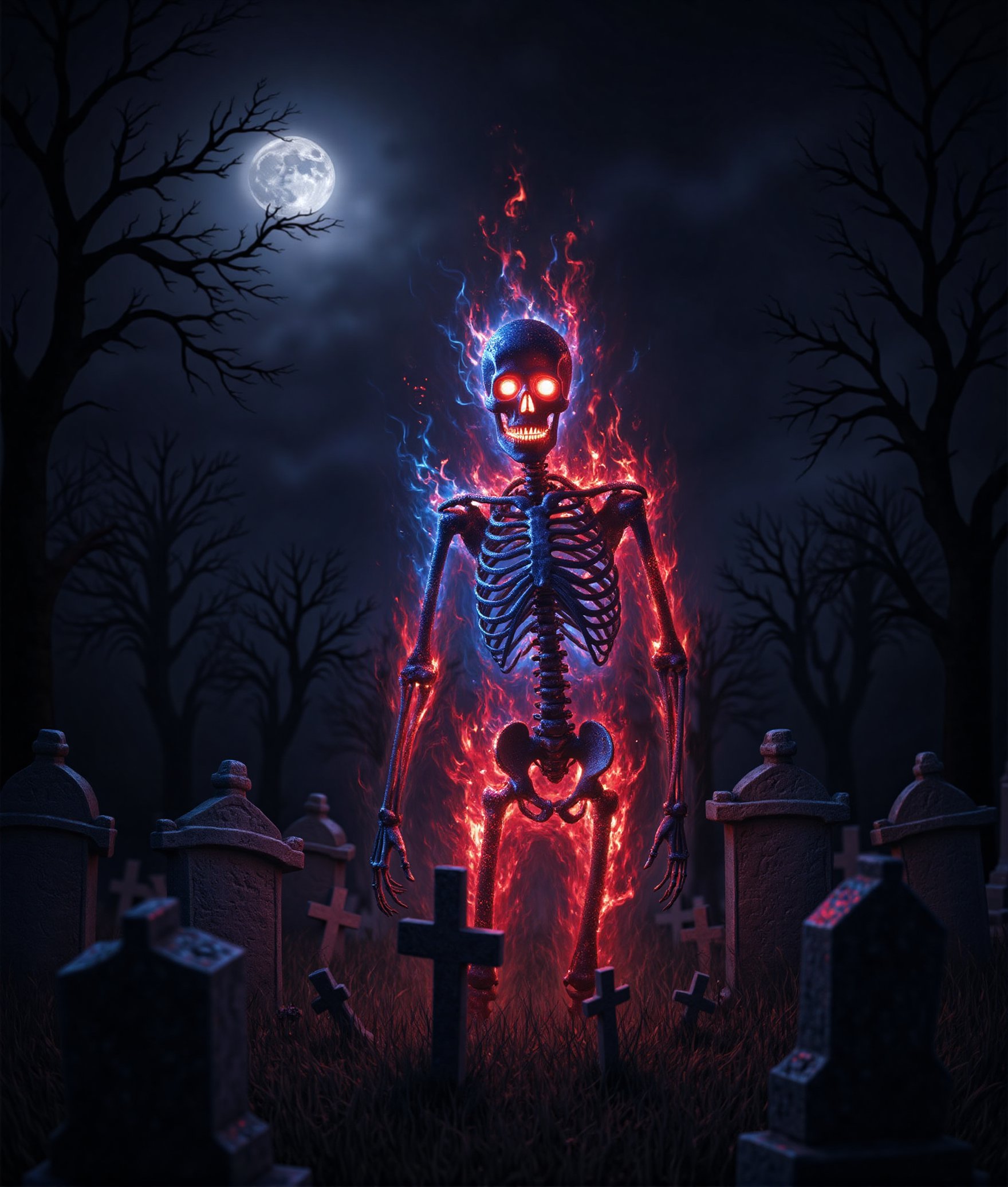 A realistic, fantasy art, ultra-high detailed 8K image of a graveyard with tombstones. A skeleton emerges, engulfed in red and blue flames, with creepy glowing eyes. The background features a night sky with a full moon and eerie trees. The scene captures the spooky atmosphere of the graveyard and the supernatural presence of the fiery skeleton.