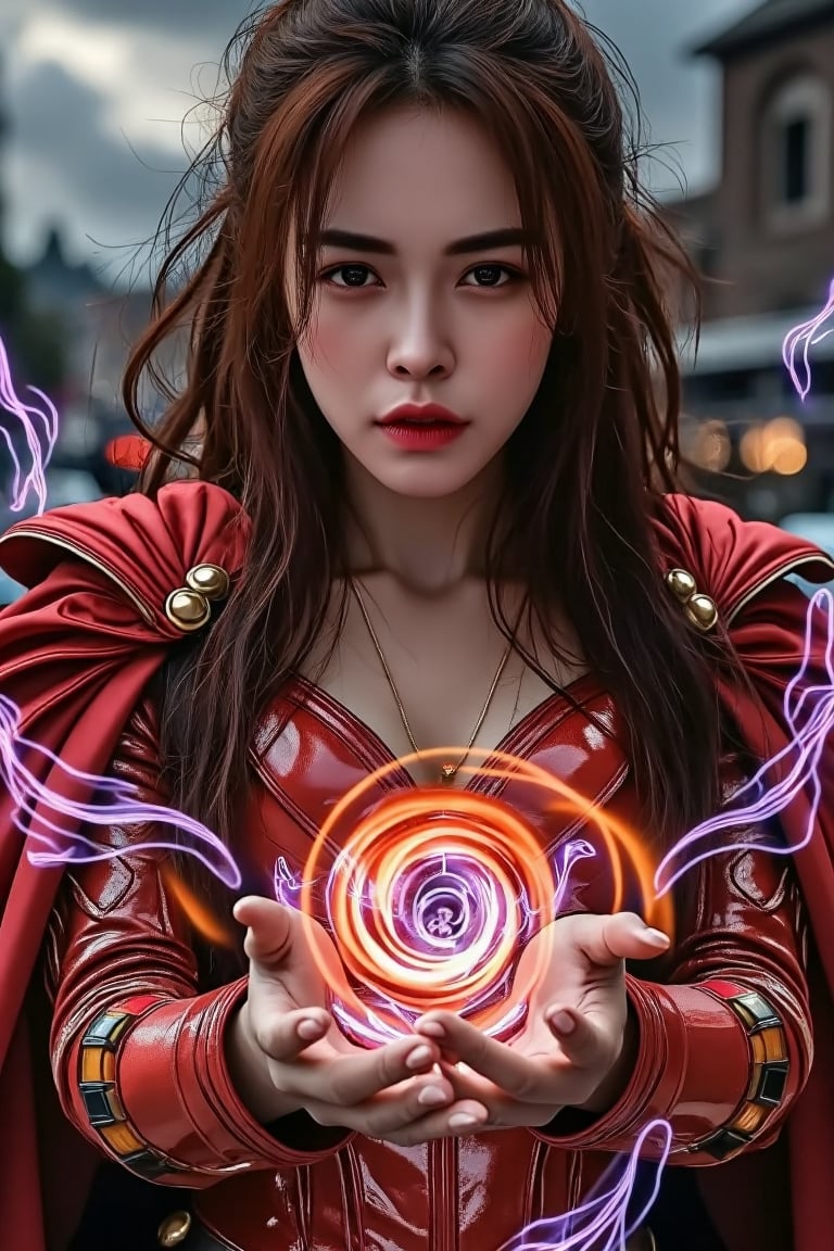 Capture an intricate, medium full-body portrait of the Scarlet Witch in her iconic costume. Her expression is focused and intense as she casts a powerful spell. The scene is dramatic, with swirling magical energies surrounding her hands, glowing in vibrant reds and purples. Her costume is meticulously detailed, showcasing textures like leather and fabric that reflect light realistically. Her eyes shine with supernatural energy, conveying her mystical prowess. The background features a dynamic stormy sky, adding to the drama and intensity of the scene. This image should be rendered in ultra-high resolution (8k), capturing every detail from the strands of her hair flowing wildly to the subtle nuances in her costume's design.