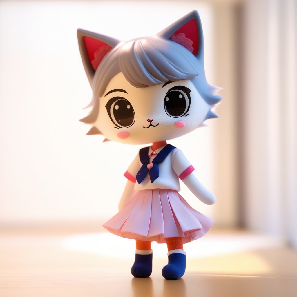 Realistic color photo of a seifuku-clad girl with nekomimi, standing in a well-lit room with soft natural light. She has a playful expression, holding a small plush toy. The composition is centered, with the girl slightly off-center, emphasizing her outfit and cat ears. The background is blurred, focusing attention on her.