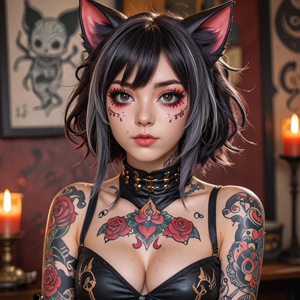 Real color photo. A girl with . she is wearing a dress. She has black wings. She has fangs in her mouth. There is a flame...