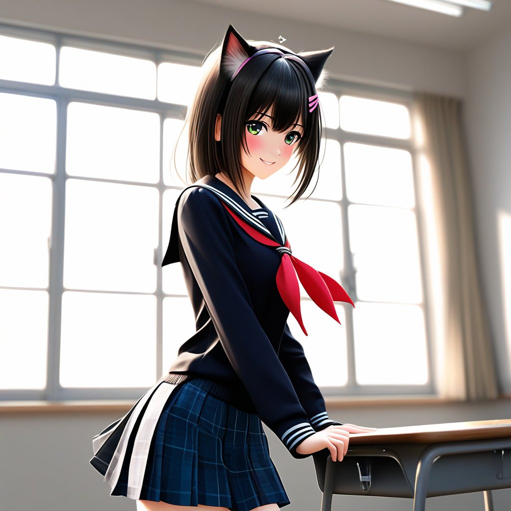 A vibrant real color photo of a seifuku-clad girl with nekomimi cat ears, standing in a sunlit classroom. She has a playful smile, her school uniform neatly pressed, and her cat ears slightly twitching. The composition is centered, with soft natural lighting highlighting her features. The background subtly shows school desks and windows, capturing a moment of youthful charm and innocence.