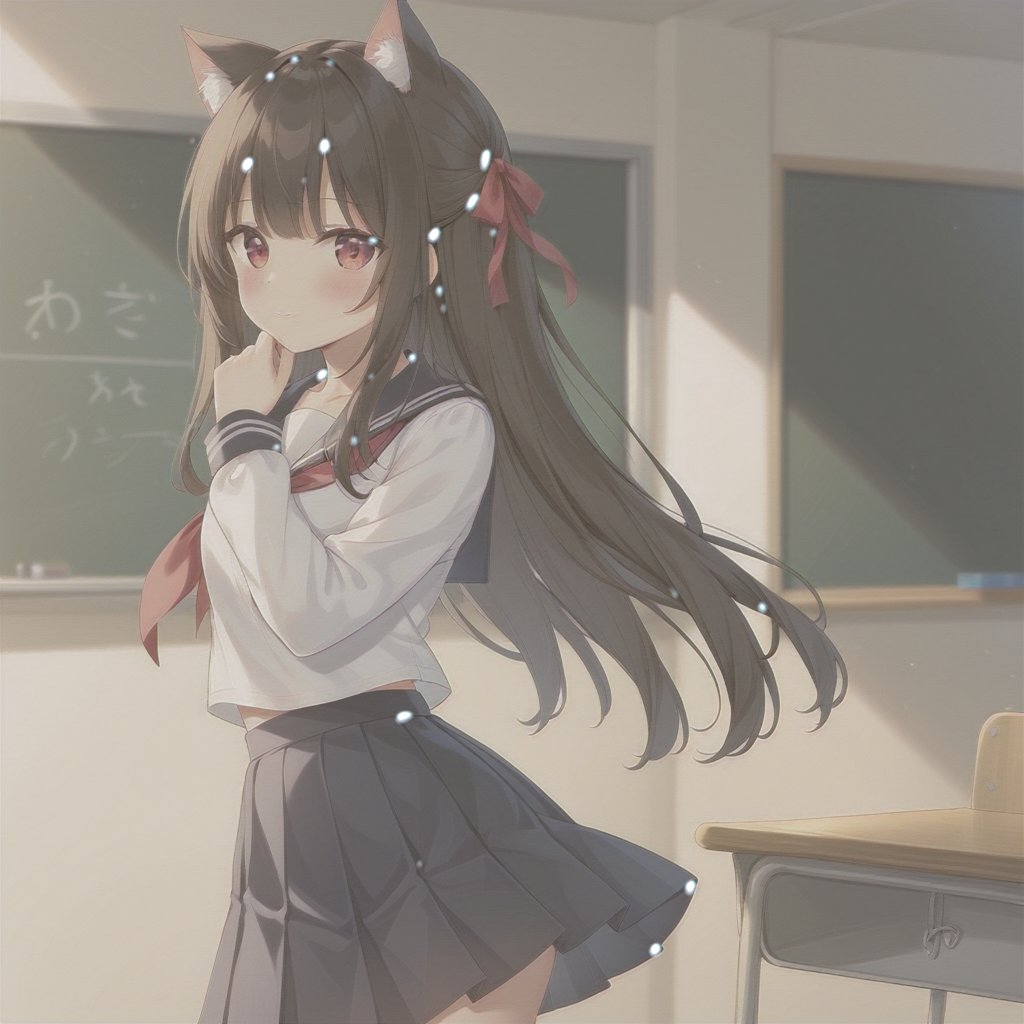 A vivid real color photo of a seifuku-clad girl with nekomimi cat ears, standing in a sunlit classroom. She smiles playfully, her uniform crisp and neat, with a red ribbon tied around her neck. The composition is centered, with soft natural lighting highlighting her features and the playful atmosphere. The background subtly shows school desks and a blackboard, emphasizing the setting.