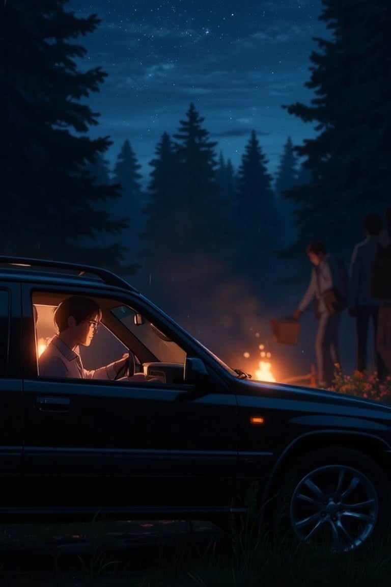 A peaceful camping scene with a woman inside a parked car, overlooking the forest. She sits comfortably in the driver's seat, her head resting on the window as she gazes at the glowing campfire outside. The warm light from the fire casts soft reflections inside the car, while the night sky above is dotted with stars. The forest around the car is quiet, and the distant sound of the crackling fire can be heard. The car is surrounded by trees, creating a feeling of being safely nestled in nature. The atmosphere is tranquil and cinematic, with warm hues of orange from the fire contrasting against the cool blues of the night.