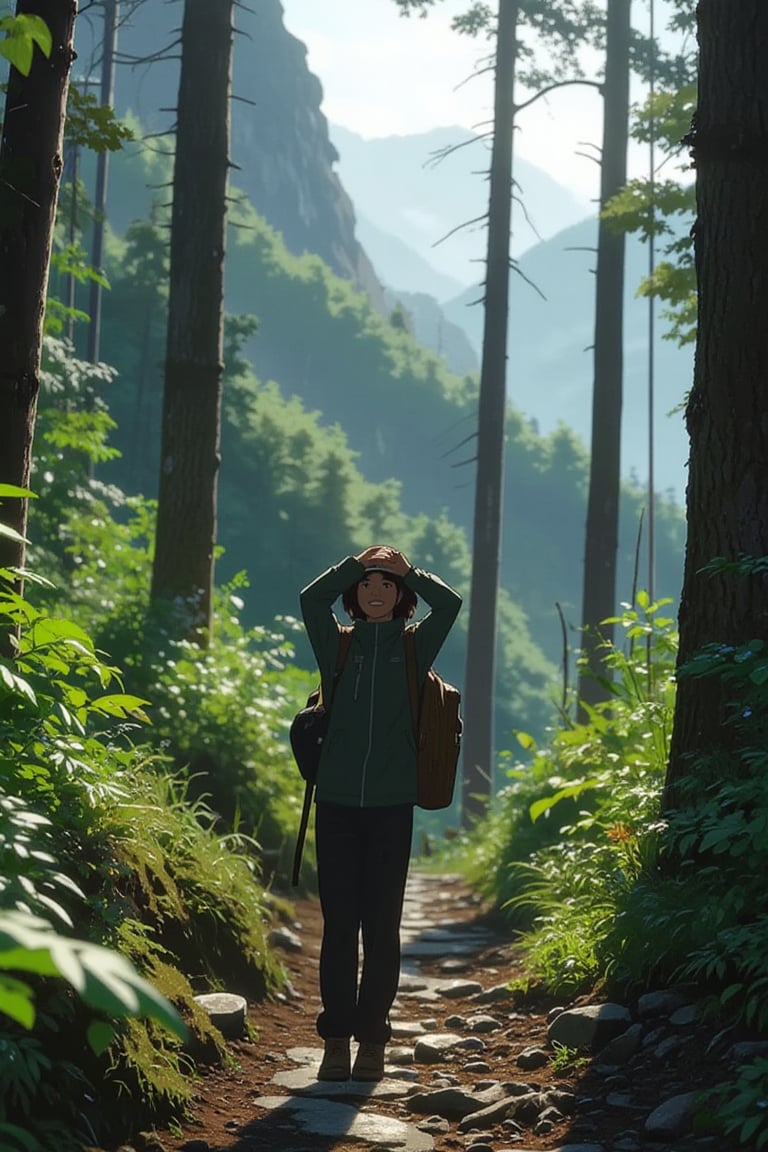 A breathtaking scene set deep within a dense, misty forest on a mountain trail. A woman, wearing outdoor hiking gear and a backpack, takes a selfie while standing on a rocky outcrop surrounded by towering trees and thick greenery. The sunlight filters through the forest canopy, casting dappled light across her face. She smiles confidently, capturing the moment of triumph amidst the wild beauty of nature. In the background, the forest stretches upwards towards the mountain peak, shrouded in mist, creating a sense of adventure and accomplishment. The colors are vibrant, with earthy tones and the rich greens of the forest giving the scene an invigorating, cinematic feel.