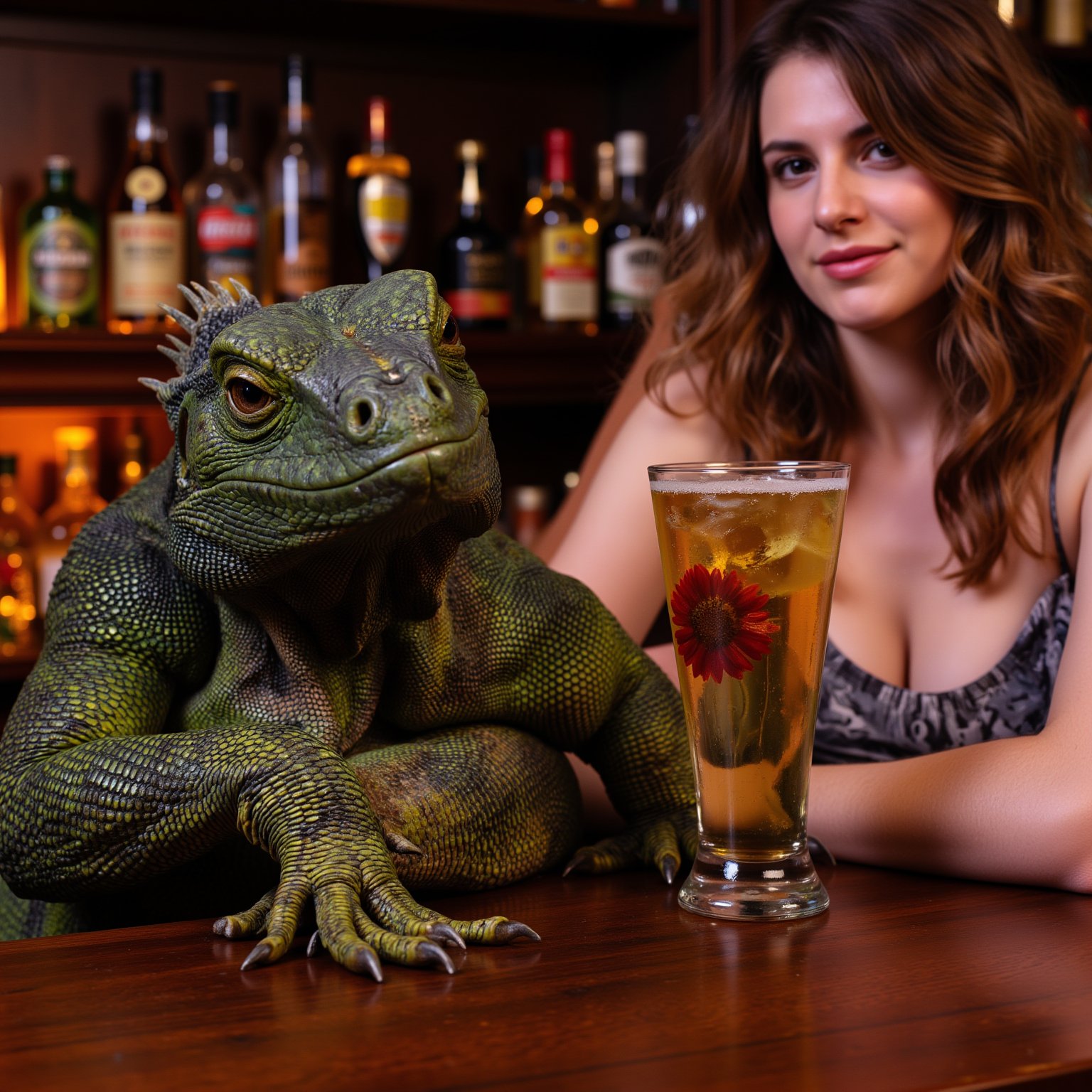 In the bar,

A lizard man came up with a fist,

Then she was stopped from behind by a woman,