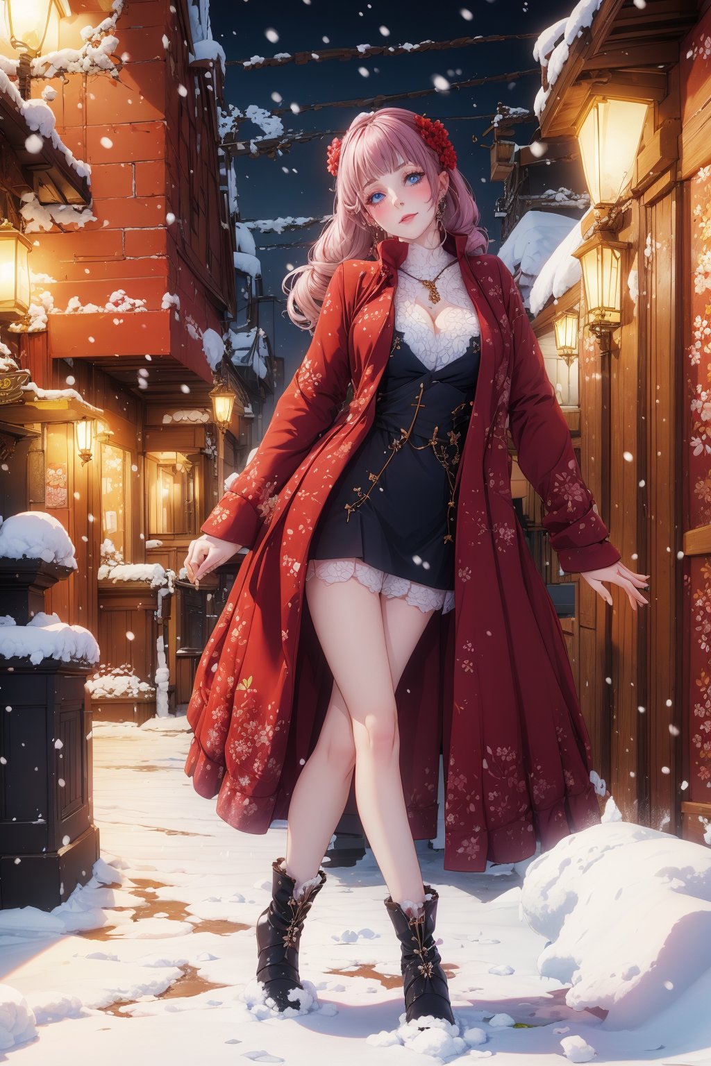 There is a girl in red on the snowy street.