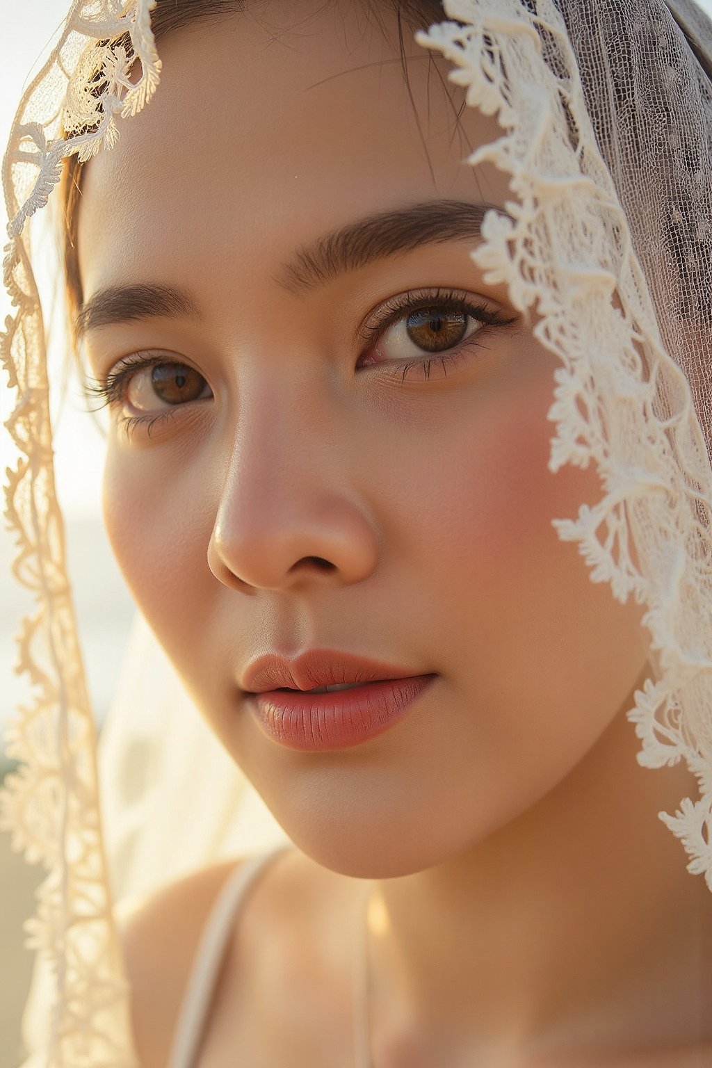 A close-up shot of a Thai woman's face,  framed by a white lace veil attached to a flowing white dress. The warm light of...