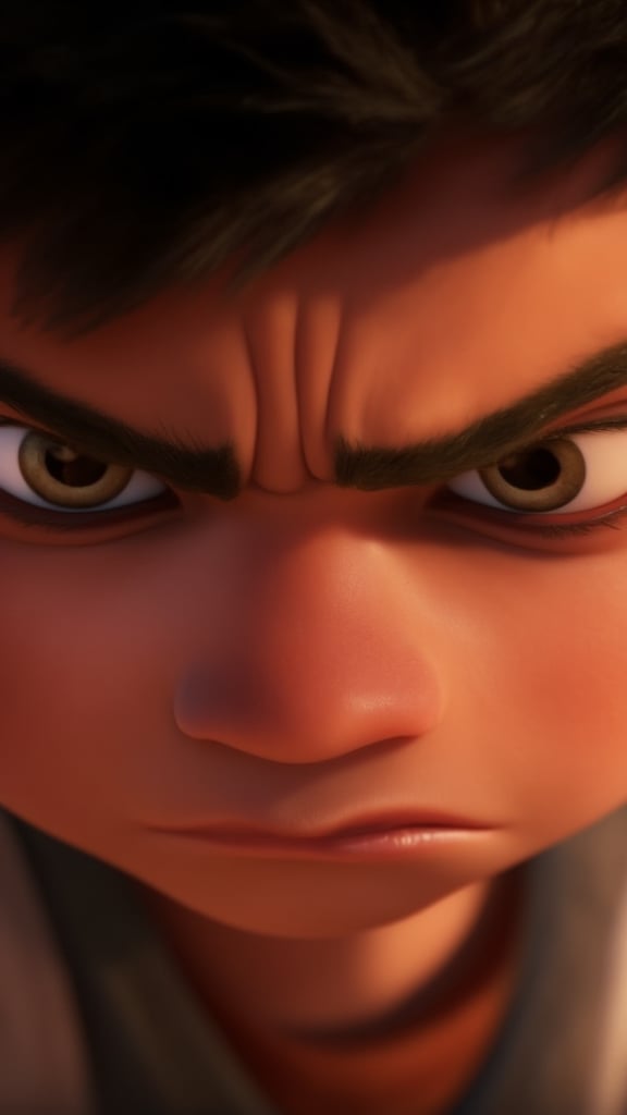 A close-up shot of a young boy's determined face, his brow furrowed in concentration as he clenches his jaw and purses his lips, his eyes narrowed into piercing slits, the tension evident in every crease of his forehead, against a blurred background to emphasize his intense focus.,PixarDisney.hanna