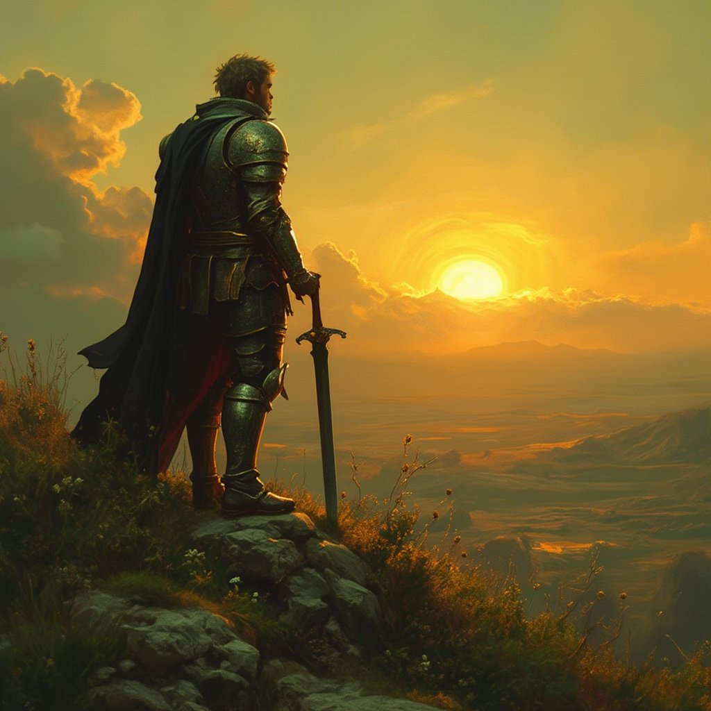 A striking Pixomeda style painting of a weary warrior standing atop a grassy hill after a fierce battle. The sun begins to set in the background, casting a warm golden glow over the landscape. The warrior's ornate armor, marked with signs of wear, reflects the fading light as he gazes thoughtfully into the distance. His sword is firmly planted in the ground beside him, symbolizing his resilience and determination. The color palette features deep greens and warm yellows, creating a vibrant contrast between the tranquility of the moment and the chaos of battle.