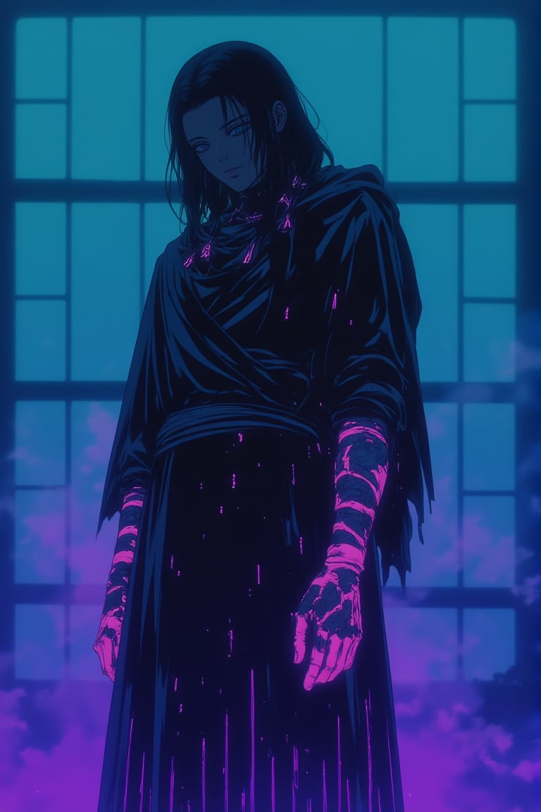 In a hyper-realistic, full-body digital art piece ((anime, ne0nfant4sy, niji_flux)), the figure stands tall, wearing a black non la with neon blue tassels cascading down, concealing the face. The garment is replaced by a glowing, iridescent robe with faint, purple vertical lines that shift colors as light hits it. The tattoo on the left arm morphs into bioluminescent circuitry, adding a futuristic element. The background now shifts to a soft, glowing cyan mist, creating an ethereal atmosphere, with faint neon grids visible behind. The figure is bathed in neon light, blending the mystical with sci-fi aesthetics.