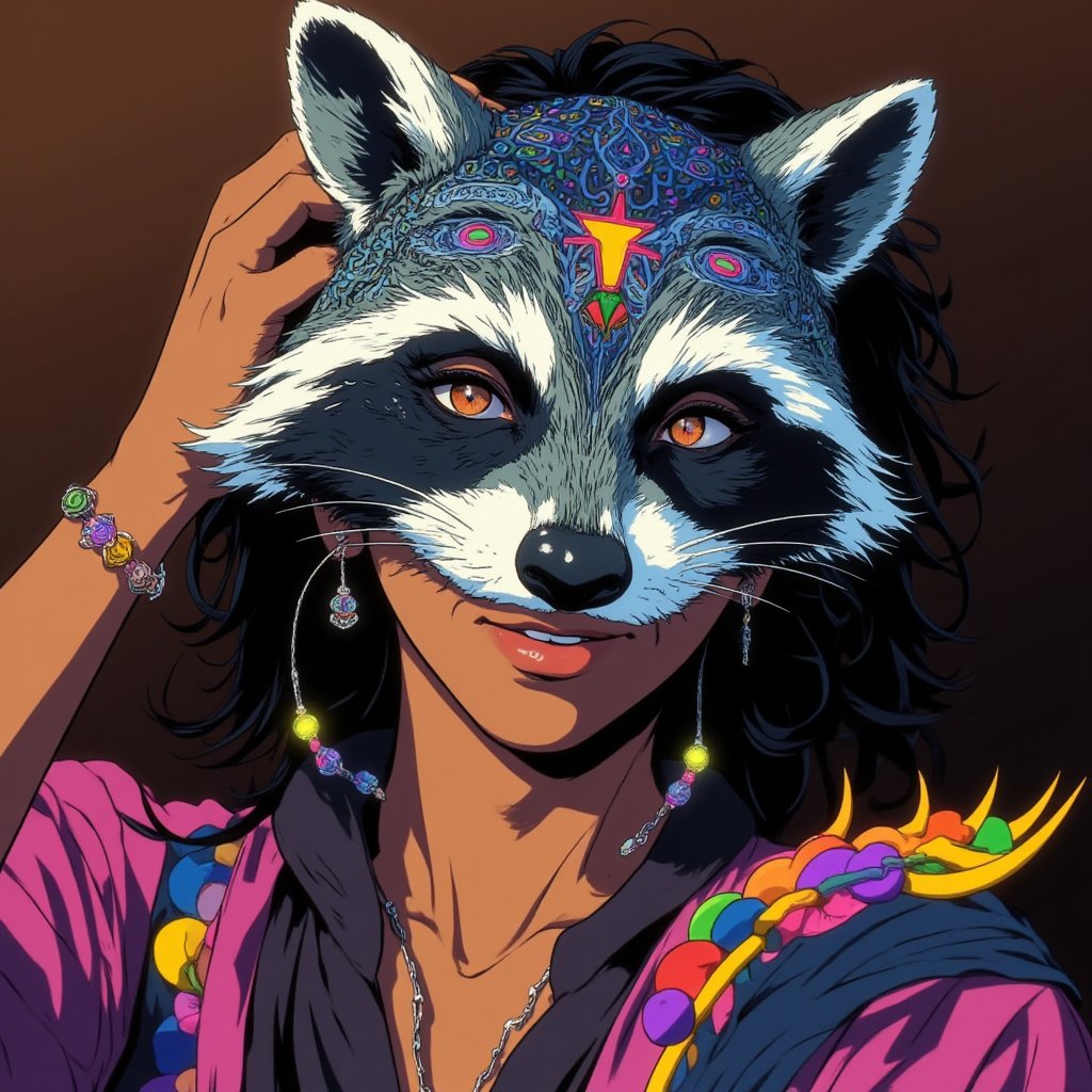 Eye-catching, drab, hyper-realistic, high-quality, detailed image, charming female figure, playful raccoon mask made of colorful multicolored glowing neon dots (red, blue, yellow, green, purple, orange), complete face, curly black hair, sparkling brown eyes, silver filigree patterns, mischievous smile, dressed in a vibrant outfit with layers and textures, Canon EOS R5, close-up shot, surreal style, inspired by Salvador Dalí and Annie Leibovitz, soft diffused lighting, bright colorful theme, high contrast, moderate saturation, warm hue, subtle shadows, defined highlights, whimsical elements, charm bracelet, cyberpunk anime ne0nfant4sy.