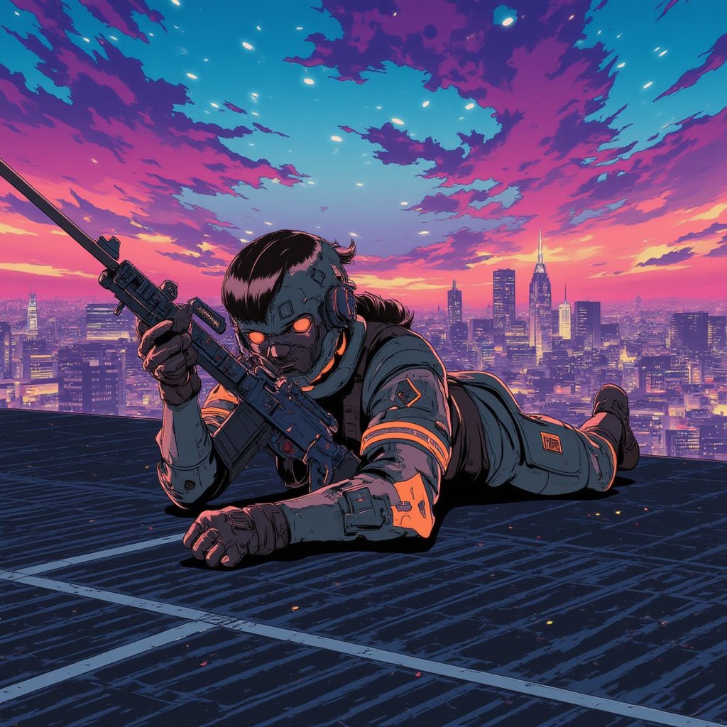 Cyberpunk anime ne0nfant4sy style, surreal digital art illustration of a sniper, lying prone on a rooftop with a high-tech rifle, focused and ready to take aim. The sniper wears tactical gear with neon orange and gray patterns. The background showcases a hyper-realistic cityscape at twilight, with glowing lights and swirling clouds, all depicted in surreal intrinsic dots and lines of neon colors, emphasizing the sniper’s calculated calmness.