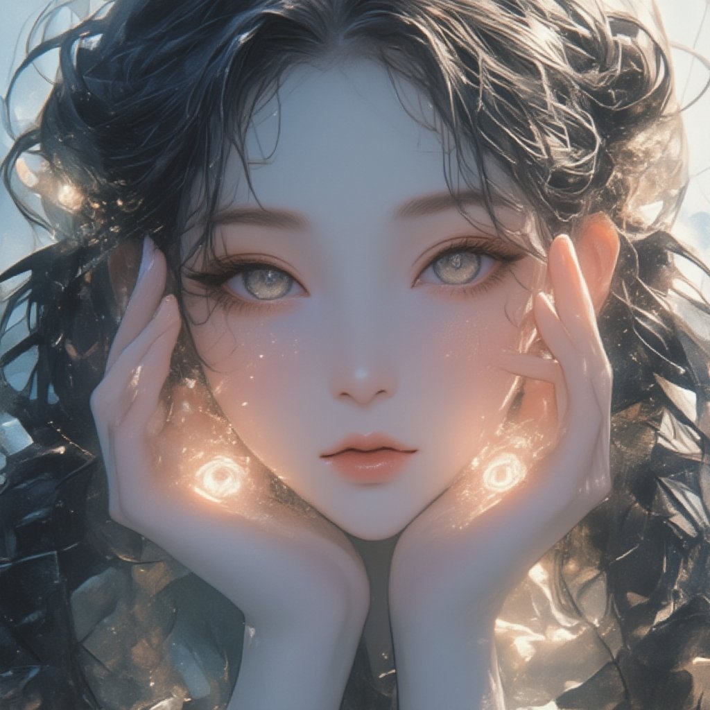 In **lyh_niji** style, a close-up portrait features a stunning female character with flawless, pale skin. She embodies the essence of a royal figure in intricately designed clothing that reflects her noble status. Her palms rest gently on her face, partially obscuring it, while the insides of her palms press against her cheeks. Each palm showcases a surreal, intricate glowing eye at its center, with the eyes accurately drawn on the back side of her hands, casting a mystical light across her features. Her expression is a blend of serenity and intrigue, drawing viewers into her enigmatic world. The background is softly blurred, keeping the focus on her captivating presence, with a color palette that enhances the elegance and surreal quality of the scene.