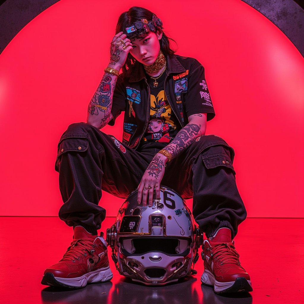 In **S1n0z1ck style, anime, cyberpunk, ne0nfant4sy**, a hyper-realistic digital artwork features a full-body photoshoot of a male model. He embodies an urban futuristic aesthetic, dressed in loose-fit cargo trousers and oversized red sneaker shoes. His outfit is a part of the "Neon Streets" collection by designer Hiroshi Fujiwara, known for blending streetwear with high-tech elements. The model wears headgear equipped with smart gadgets and golden ornaments adorning his arms, neck, waist, and head. His medium-length black hair falls just to his shoulders, framing his face against a vibrant, red glowing background that adds intensity to the scene. He sits atop a highly detailed, futuristic SuperBike helmet, which complements his urban look. 

Captured with a Canon EOS R5 in a "full-body portrait" shot by photographer Greg Williams, the image draws inspiration from the synergy of cyberpunk culture and modern street fashion, with influences from the visual works of Katsuhiro Otomo. The artwork exhibits high contrast, accentuating the deep shadows and bright highlights of the neon colors. The saturation is elevated to enhance the vibrancy of the red hues, while the hue leans toward warm tones, creating a dynamic and energetic feel. Minimal warmth contributes to the scene’s intensity, and slight noise adds a film-like texture, enriching the hyper-detailed and immersive nature of the S1n0z1ck style.