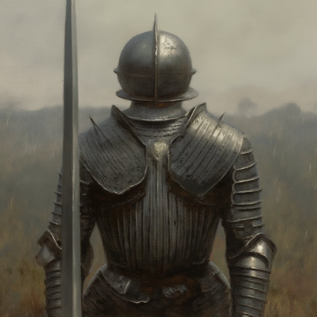 A detailed depiction of a warrior in the oil-on-canvas style of classic painting, standing in an open field after a battle. The warrior, clad in intricately designed armor with a polished helmet, gazes up at the overcast sky as rain pours down. The rain delicately washes away the bloodstains from the armor, creating a poignant contrast between the warrior’s grim past and the cleansing nature of the rain. The sword is firmly planted perpendicularly into the ground beside him, symbolizing both loss and resilience. The mood is somber yet hopeful, capturing the emotional weight of the aftermath of war. The color palette features muted earth tones, with highlights of silver and gray reflecting the rain, and the background is softly blurred, enhancing the focus on the warrior's contemplative expression.