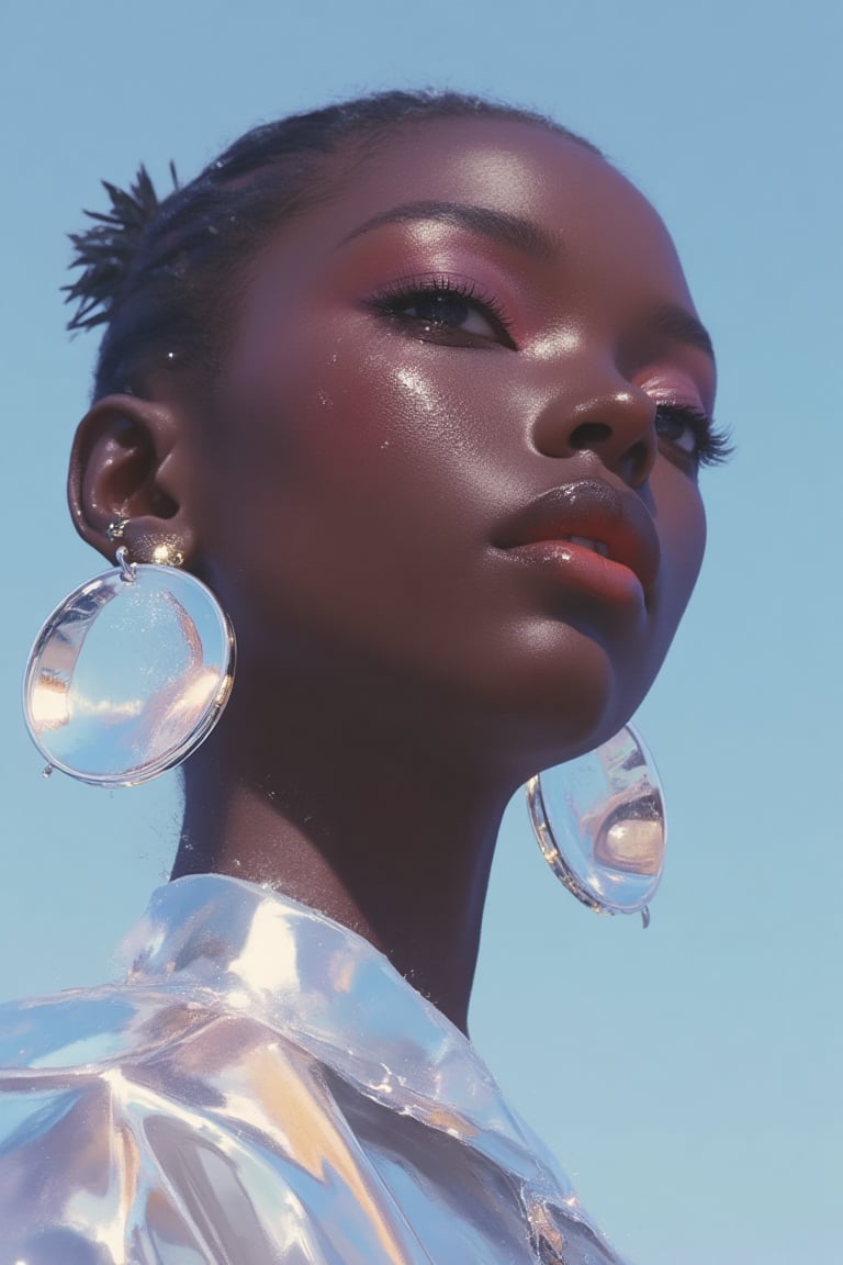 A hyper-detailed, avant-garde, high-resolution photograph featuring a striking woman with deep, rich brown skin against a clear, light blue sky. Her full-face close-up is captured with impeccable clarity, highlighting the smooth texture of her flawless complexion. She wears shimmering metallic eyeshadow that catches the light and adds depth to her piercing gaze, while her glossy, deep red lips provide a bold contrast to her dark skin. Large, round metallic earrings, reflective and iridescent, in a mix of silver and gold, shimmer with a mirror-like, chrome finish, contributing to her modern and futuristic allure. 

Her outfit is a metallic, shiny silver piece, reflecting the light and enhancing her avant-garde look. The reflective surfaces of both her earrings and outfit create a dynamic interplay with the environment, further emphasizing her sleek, glamorous presence. The minimalist background allows the viewer to focus entirely on her bold, eye-catching fashion and makeup. Captured using a Sony A7R IV camera with a 50mm f/1.2 G Master lens for a beauty editorial shoot, the composition highlights both the subject's fashion-forward aesthetic and her flawless skin texture. Inspired by avant-garde fashion photography from Sølve Sundsbø, this image blends contemporary fashion and minimalist elegance, embodying mythp0rt, niji_flux styles for a sleek, high-fashion vision.
 ((glow_skin,iridescent skin,oily skin,portrait))