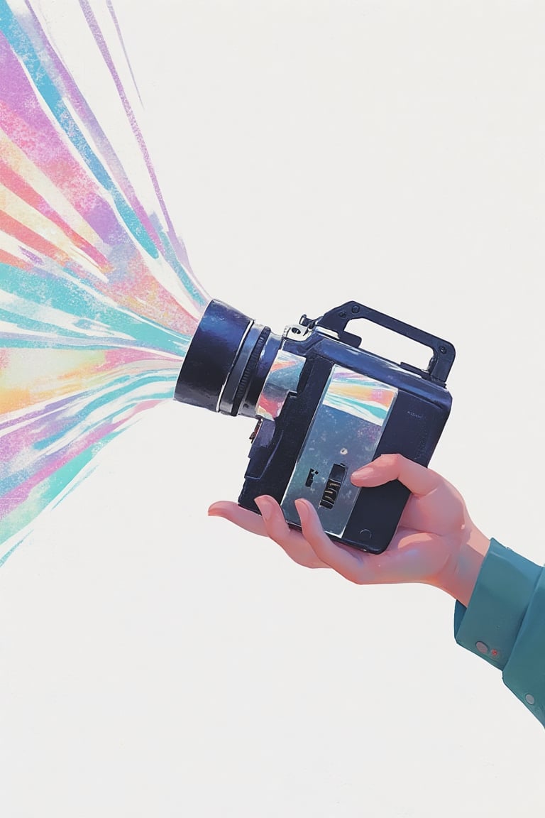 This is a highly detailed, realistic, and aesthetic digital artwork depicting a close-up of a vintage camcorder, held by a stylized hand. The camcorder, positioned on the right side of the image and facing left, features a sleek metallic silver and black design, with visible buttons and a finely crafted lens that exudes retro-futuristic charm. The hand gripping the camcorder is minimalist, with a green sleeve visible on the arm, creating a stark contrast to the intricate camcorder details.

The background is a textured, speckled white that introduces a subtle abstract and gritty feel, emphasizing the camcorder as the focal point. The most captivating aspect of the image is the vibrant, swirling, psychedelic iridescent stripes emanating from the camcorder’s lens. These wide, bold stripes unfurl in smooth, undulating patterns, giving the impression of sound waves or visual distortions captured through the lens. The striking colors of the stripes—ranging from neon purples and greens to bright blues and pinks—provide a dynamic visual contrast to the muted metallic tones of the camcorder and the simple, monochromatic background.

The overall composition marries contemporary digital aesthetics with a nostalgic retro theme, blending minimalist flat design elements with surreal, abstract accents to create a visually captivating and modern surrealist piece.
 ((glow_skin,iridescent skin,oily skin,portrait))