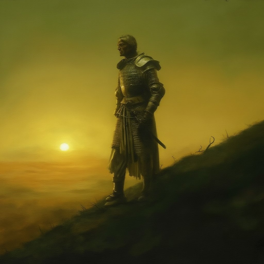 A striking oil-on-canvas style classic painting of a weary warrior standing atop a grassy hill after a fierce battle. The sun begins to set in the background, casting a warm golden glow over the landscape. The warrior's ornate armor, marked with signs of wear, reflects the fading light as he gazes thoughtfully into the distance. His sword is firmly planted in the ground beside him, symbolizing his resilience and determination. The color palette features deep greens and warm yellows, creating a contrast between the tranquility of the moment and the chaos of battle.