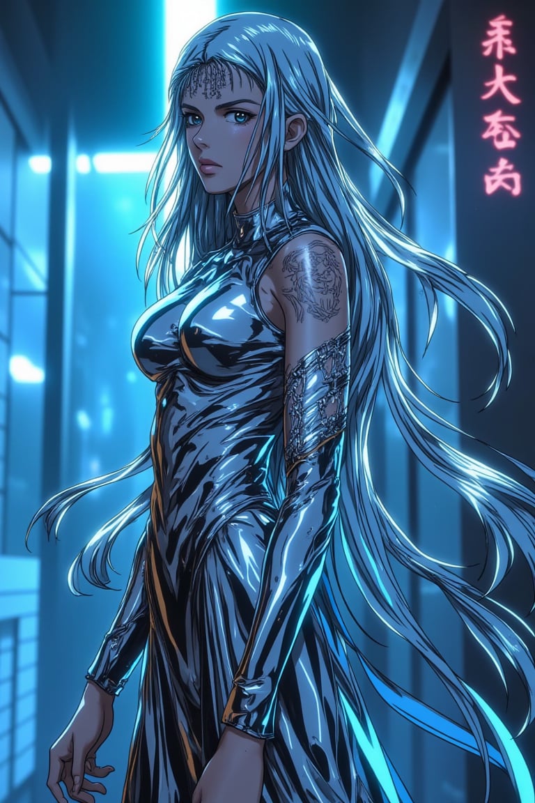 In a hyper-realistic, full-body digital art piece ((anime, ne0nfant4sy, niji_flux)), the figure stands tall, wearing a **chrome silver non la**, reflecting light with a metallic sheen. Flowing **metallic silver tassels** cascade down the sides, slightly concealing a semi-visible face rendered in a mix of realism and anime. The facial features are sharp, with chrome accents highlighting the cheekbones and jawline, adding a mechanical yet human touch. The figure is dressed in a **sleek, silver sleeveless robe** that moves fluidly, but its surface is smooth chrome with reflective, shimmering highlights. The left arm is covered in intricate, **chrome tattoo-like etchings**, blending fine metalwork with organic curves, glowing faintly in blue. The background is a futuristic setting, **glowing with a radiant neon blue light**, illuminating the figure from behind, casting sharp reflections off the chrome surfaces. The high contrast between the glowing backdrop and the silver attire enhances the figure’s mysterious and futuristic aura. The full-body framing and dynamic lighting create an atmosphere where the subject feels both human and machine, blending traditional attire with sleek, modern metallic artistry.,egmid