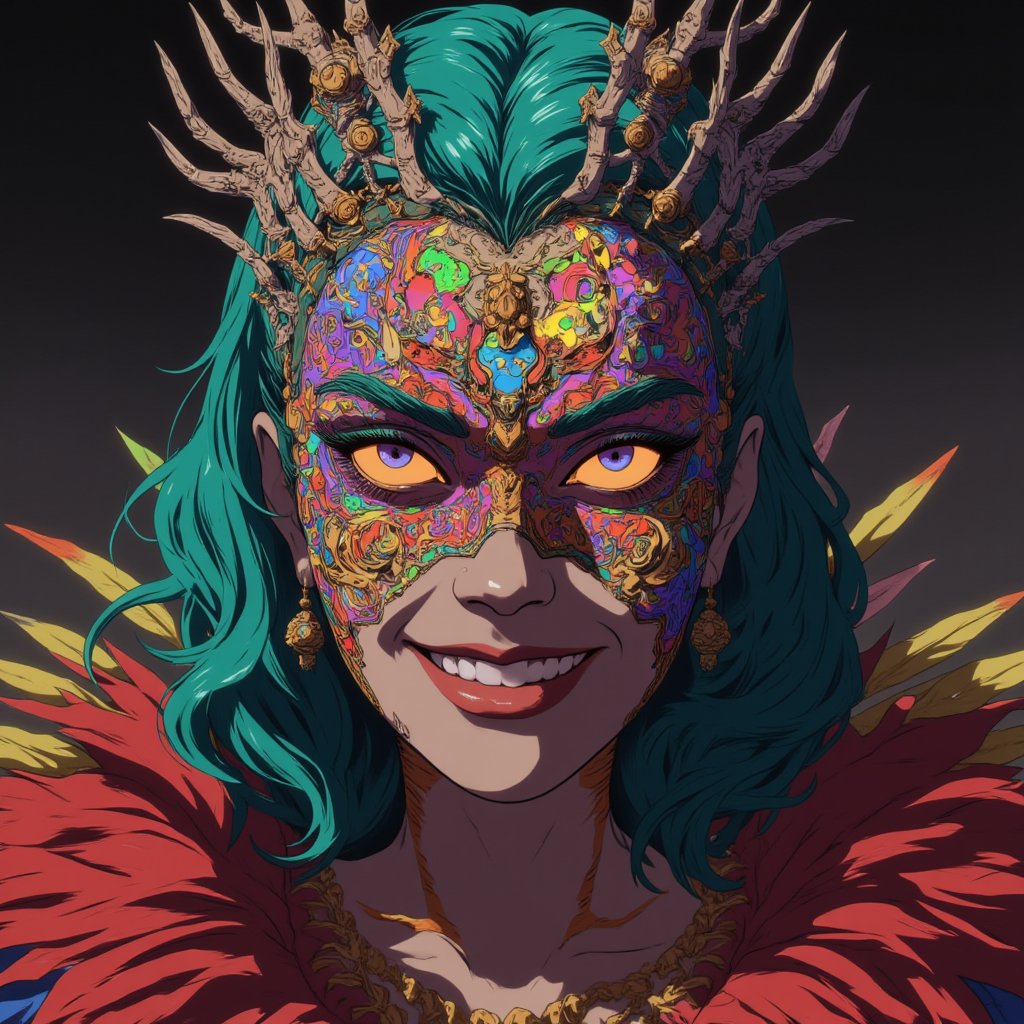 Eye-catching, drab, hyper-realistic, high-quality, detailed image, charming female bard, whimsical peacock mask made of colorful multicolored glowing neon dots (red, blue, yellow, green, purple, orange), complete face, wavy turquoise hair, playful violet eyes, intricate feather patterns on the mask, cheerful smile, dressed in a flamboyant gown with vibrant colors and textures, Canon EOS R5, close-up shot, surreal style, inspired by Salvador Dalí and Annie Leibovitz, soft diffused lighting, bright festive theme, high contrast, moderate saturation, warm hue, subtle shadows, defined highlights, musical elements, feathered necklace, cyberpunk anime ne0nfant4sy.