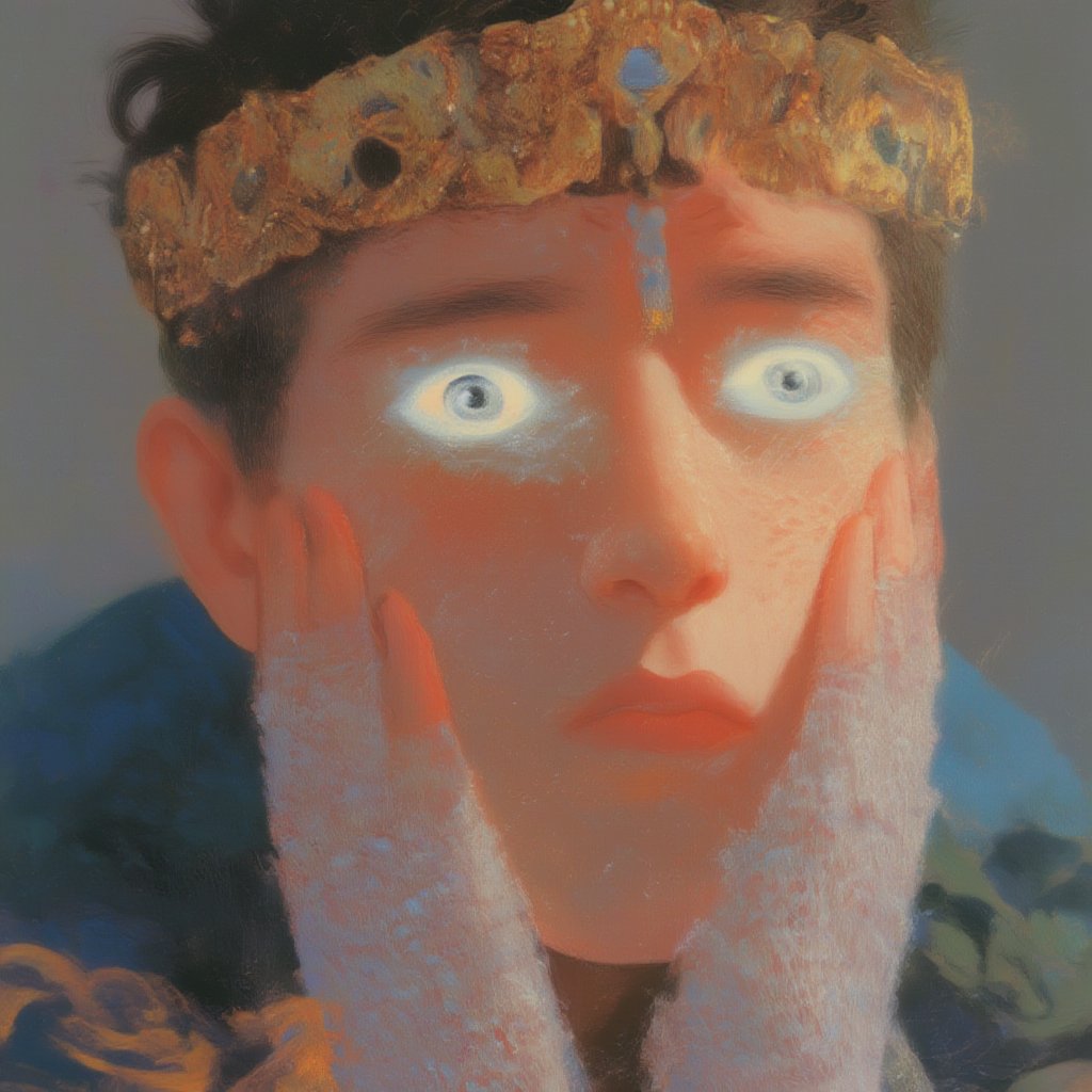 In **lyh_niji** style, an anime-inspired close-up portrait features a pale-skinned Roman prince adorned in elaborate Roman clothing, complete with ornate decorations and a regal crown. His face is partially obscured by his palms, which rest gently on his cheeks, creating an intimate and surreal moment. Each palm showcases an intricately designed glowing eye at its center, ensuring the eye is accurately rendered on the back side of his hands. The glowing eyes add a mystical element to the scene, drawing attention to his expressive features and enhancing the overall intrigue. The background is softly blurred to keep the focus on the prince, with a color palette that emphasizes elegance and dreamlike quality, merging the grandeur of Roman aesthetics with a touch of surrealism. ,soft focus,blurry foreground,dreamy_fantasy