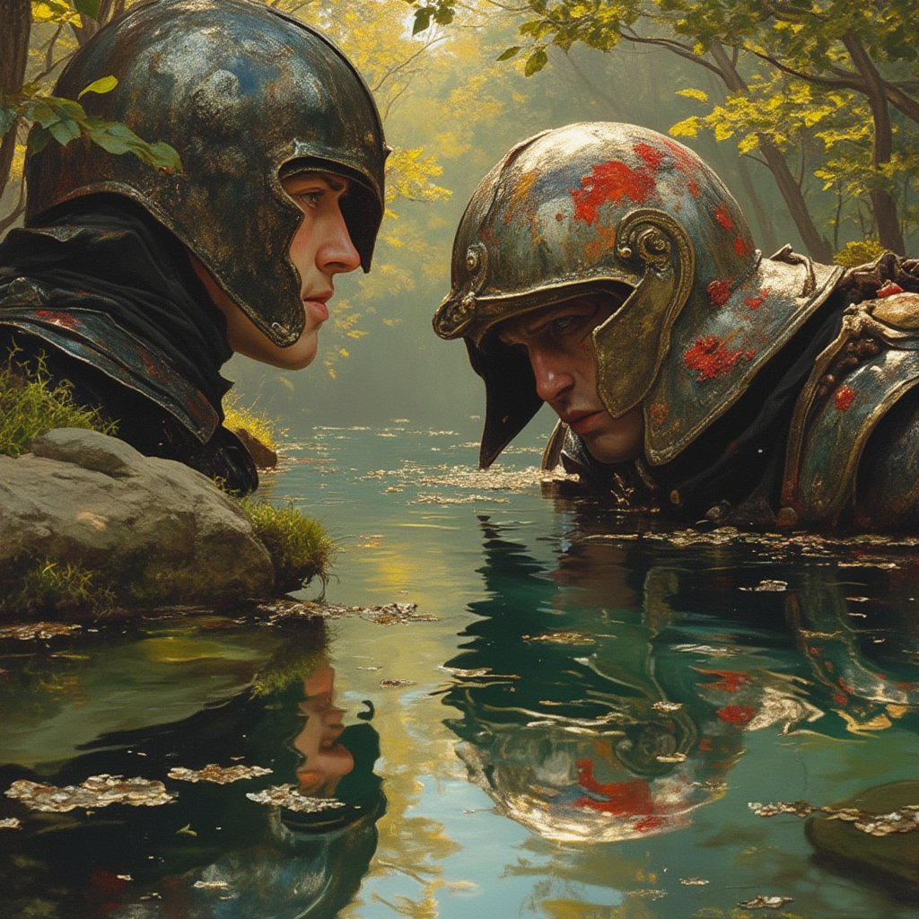 A compelling Pixomeda style painting from the perspective of a warrior looking down at his reflection in a tranquil pond. The warrior, clad in a tarnished helmet and bloodstained armor, gazes intently into the still water, where the distorted image of his weary face stares back. The pond is surrounded by lush greenery, with vibrant sunlight filtering through the trees, casting gentle ripples on the surface. The warrior's expression is one of contemplation and sorrow, as the reflection reveals not only the scars of battle but also the weight of his experiences. The colors are bold and vivid, highlighting the contrast between the peaceful surroundings and the warrior's turbulent past. The scene captures a moment of introspection, as the warrior confronts the consequences of his journey through war.