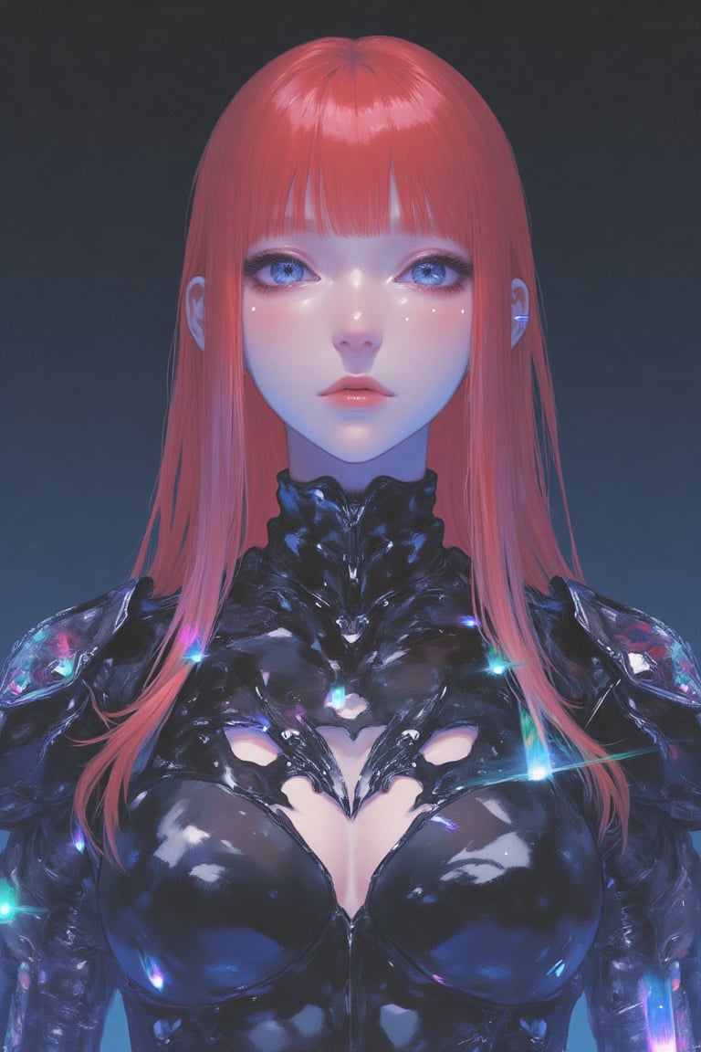 A super hyper-realistic full-body illustration of EPpkJessie with long, slicked-back red hair and piercing blue eyes. Her expression is serious and emotionless, complementing her sleek, platinum metal skin, which shines with vibrant chromecore reflections. She stands in dark, monochrome armor that features intricate, glowing patterns, adding depth to her form. The background is simple yet powerful, a mix of dark and blue tones that contrast with the bright, vibrant chromecore elements on her skin. Hints of gradient color ripple across her metallic body, blending colorful accents into the armor. The scene evokes dark fantasy vibes, with a balance between shadowy undertones and glowing highlights, giving her an otherworldly, futuristic aura.,glow_skin,iridescent skin,oily skin,portrait