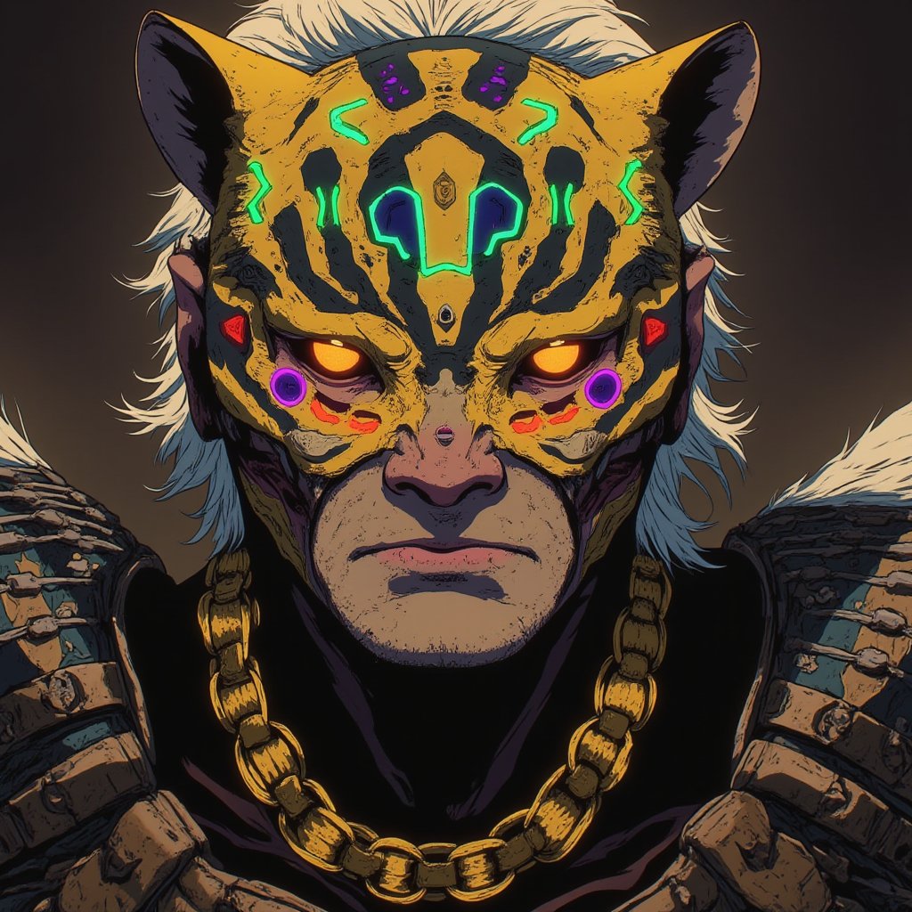 Eye-catching, drab, hyper-realistic, high-quality, detailed image, fierce male warrior, fierce jaguar mask made of colorful multicolored glowing neon dots (red, blue, yellow, green, purple, orange), complete face, platinum blonde hair, piercing gold eyes, golden tribal patterns, fierce expression, adorned with a battle-ready outfit made of chainmail and leather, Canon EOS R5, close-up shot, surreal style, inspired by Salvador Dalí and Annie Leibovitz, soft diffused lighting, bright earthy theme, high contrast, moderate saturation, warm hue, subtle shadows, defined highlights, battle-worn elements, necklace of feathers, cyberpunk anime ne0nfant4sy.