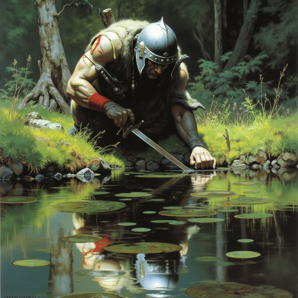 A compelling oil-on-canvas style classic painting from the perspective of a warrior looking down at his reflection in a tranquil pond. The warrior, clad in a tarnished helmet and bloodstained armor, gazes intently into the still water, where the distorted image of his weary face stares back. The pond is surrounded by lush greenery, with soft sunlight filtering through the trees, casting gentle ripples on the surface. The warrior's expression is one of contemplation and sorrow, as the reflection reveals not only the scars of battle but also the weight of his experiences. The colors are a mix of deep greens and earthy browns, highlighting the contrast between the peaceful surroundings and the warrior's turbulent past. The scene captures a moment of introspection, as the warrior confronts the consequences of his journey through war.,Frank Frazetta fantasy oil painting