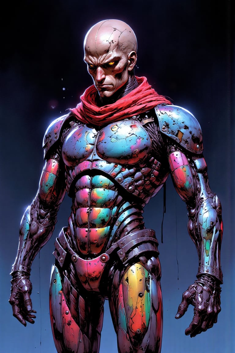 A hyper-realistic 8K portrait-style illustration of a *revenantpdxl* humanoid robot in *Chromecore* style, with polished metal skin reflecting vibrant colors and gradient hues across its armor-like structure. The robot wears a bright *red bandana* and a loosely wrapped *red scarf* around its neck, adding a vivid contrast against the sleek metal body. Its eyes glow a piercing *yellow*, with *black sclera*, creating an intense, expressionless, and serious gaze. The robot stands tall against a *simple background* with a dark and blue gradient, adding depth without distraction. The metallic skin, both colorful and monochrome, seamlessly transitions between bright reflections and dark shadows, maintaining a *chromecore* aesthetic. The atmosphere carries *dark vibes* and *dark fantas*, emphasizing the figure's powerful, stoic presence. The entire composition blends the futuristic metallic essence with vibrant, colorful accents, giving the robot a cold yet vibrant, otherworldly aura.,dynamic_pose,aesthetic_pose,mythp0rt,Mangaka style