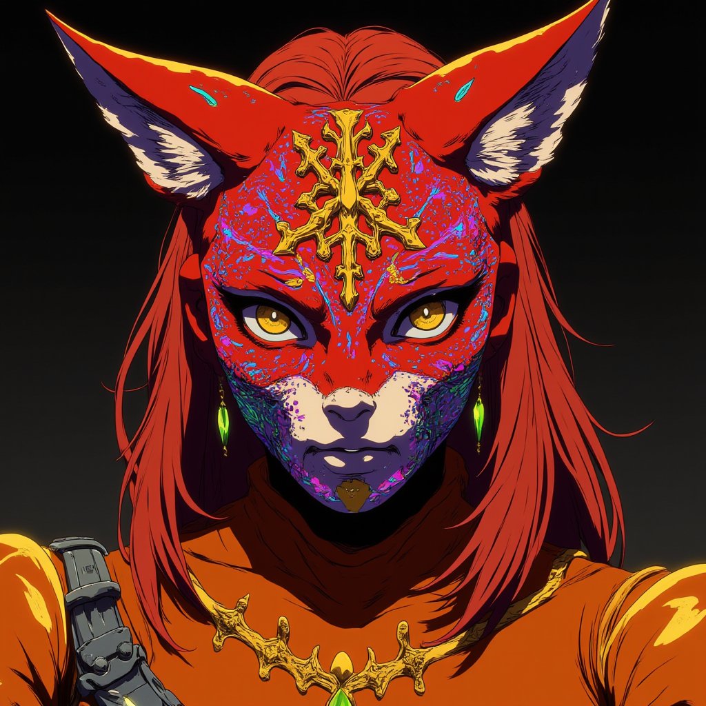 Eye-catching, drab, hyper-realistic, high-quality, detailed image, striking female figure, vibrant red fox mask made of colorful multicolored glowing neon dots (red, blue, yellow, green, purple, orange), complete face, flowing auburn hair, intense hazel eyes, golden ornate patterns around the mask, sharp features on display, fitted orange armor with iridescent fur, Canon EOS R5, close-up shot, surreal style, inspired by Salvador Dalí and Annie Leibovitz, soft diffused lighting, bright dark theme, high contrast, moderate saturation, warm hue, subtle shadows, defined highlights, metallic elements, fox tail pendant, cyberpunk anime ne0nfant4sy.