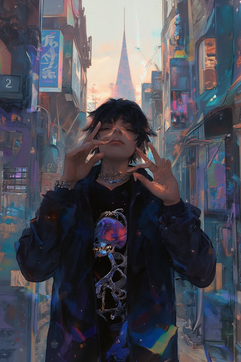 Touji_Fushiguro stands confidently in an urban alleyway, surrounded by graffiti-covered walls that reflect a vibrant street culture. His black hair is short, with hair between his eyes and bangs framing his determined expression. He has black eyes and black sclera, enhancing his tough demeanor. Dressed in stylish streetwear, he displays various American gang signs with his hands, exuding an air of authority and coolness. The scene captures the gritty atmosphere of the city at dusk, with neon lights casting a colorful glow around him. His stance is relaxed yet assertive, embodying the spirit of street culture as he prepares to engage with those around him, amplified by aid291 and ruanyi0961. ((, aid291, touji_fushiguro, black hair, black eyes, short hair, hair between eyes, bangs, touji_fushiguro, black hair, black eyes, short hair, hair between eyes, bangs, monster, cursed spirit, touji_fushiguro, black hair, black eyes, short hair, hair between eyes, bangs, colored sclera, black sclera, ruanyi0961,desert,outdoors,pyramid, Sci-fi Environments, iaidou,weapon, katana, holding sword, ready to draw, sheathed, unsheathing, scabbard,)),glow_skin,iridescent skin,oily skin,portrait